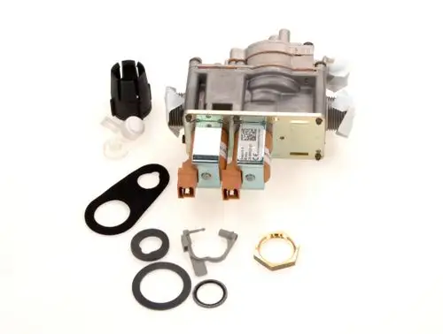 BOSCH Gasarmatur, bestehend aus einem Steuerteil und verschiedenen Dichtungen sowie Montageschrauben, auf einem hellen Hintergrund angeordnet.
